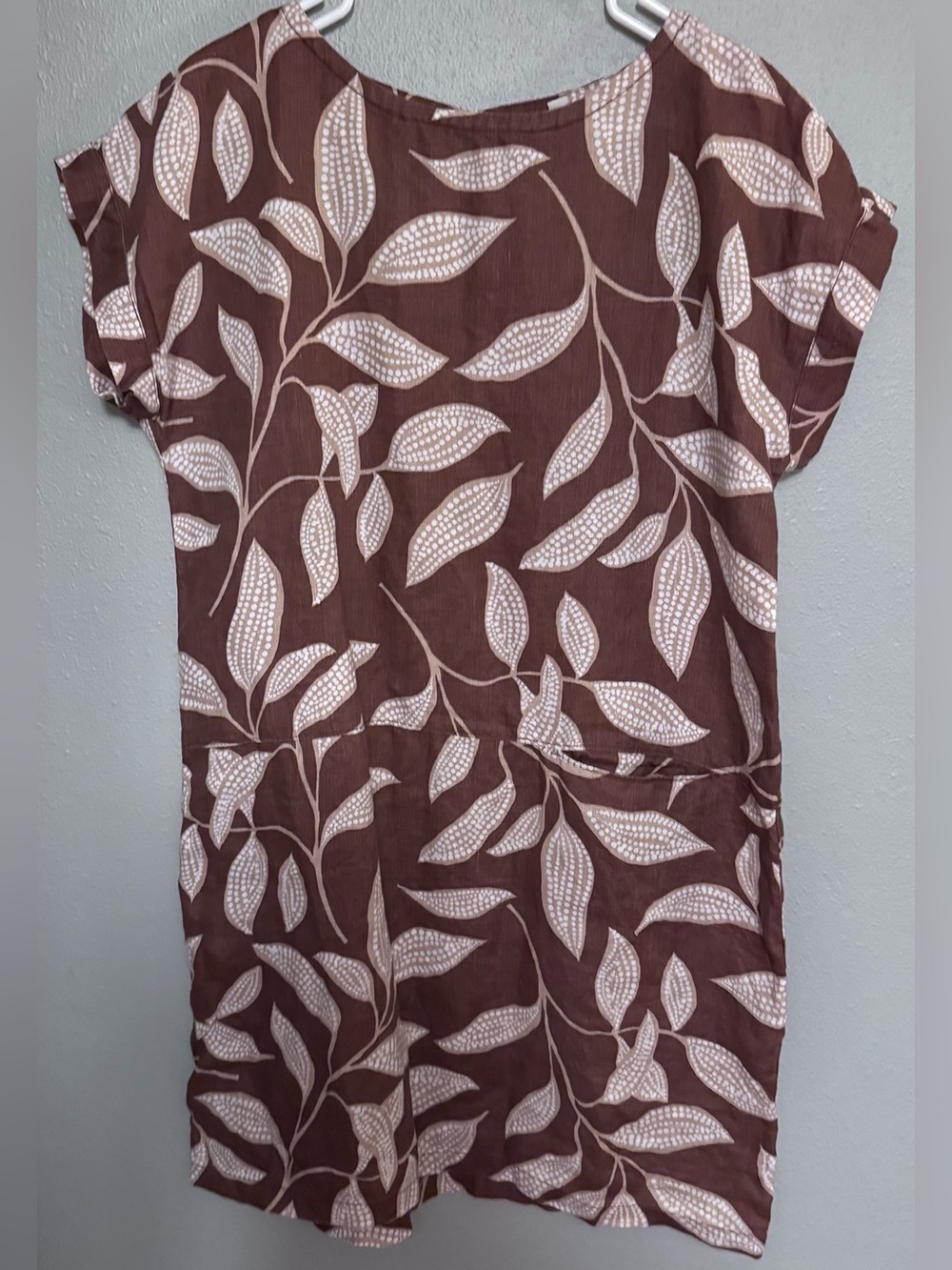 Garnet Hill 100% Linen Dress, Brown, White and Cream Leaf Pattern